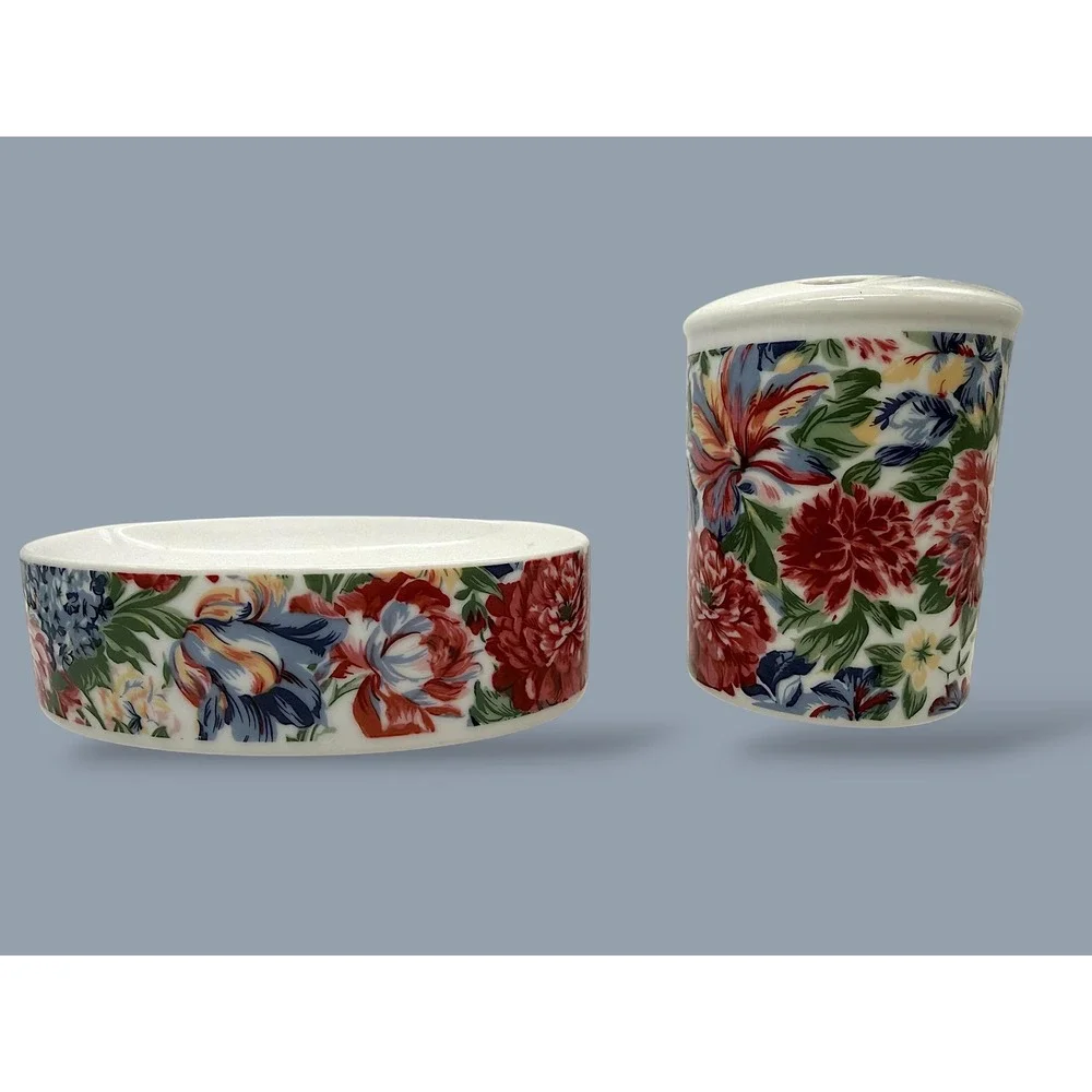 Vintage Floral Ceramic Bathroom Set Soap Dish & Toothbrush Holder